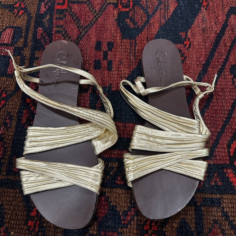 Cole Haan Gold Criss Cross Ankle Strap Flat Sandals Summer Shoes Size 8.5